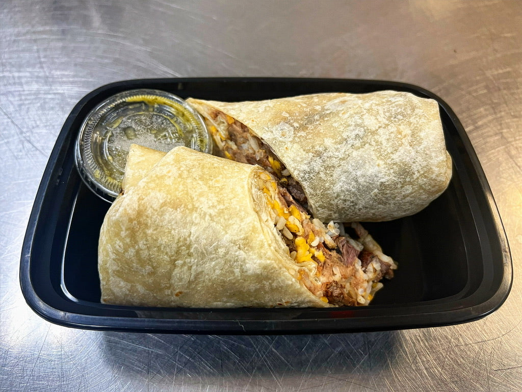 Shredded beef burrito with scratch-made salsa