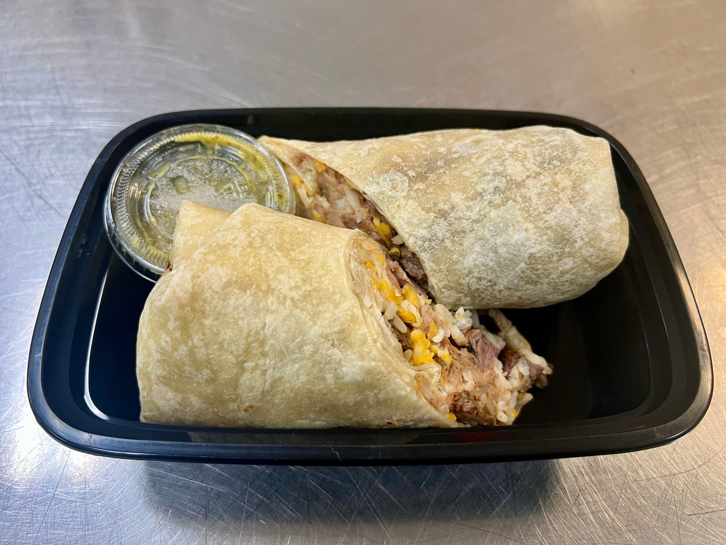 Carne asada, rice & cheese burrito with scratch-made salsa