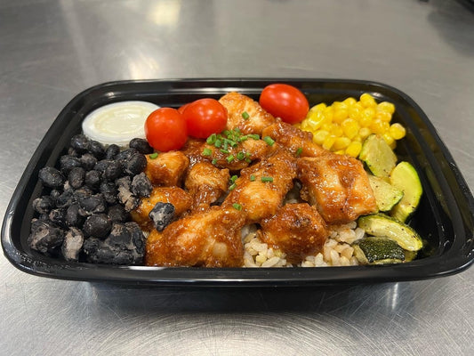 BBQ chicken bowl over brown rice