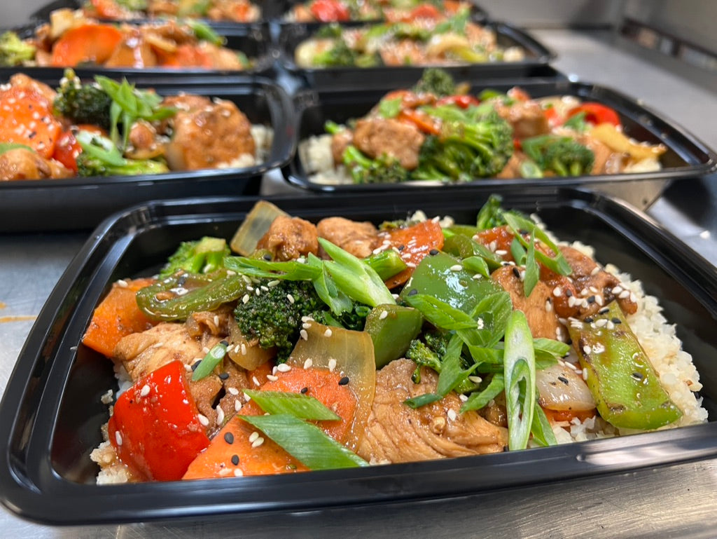 Peanut chicken over white rice with stir fry vegetables (gluten-free)