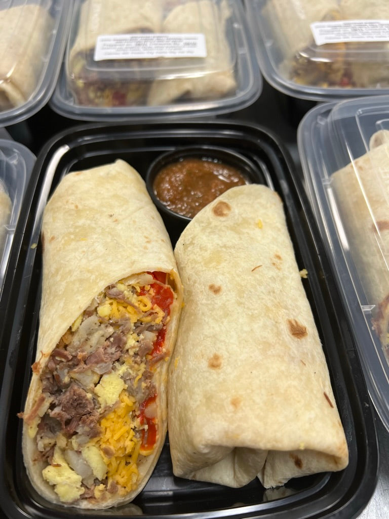 Shredded beef breakfast burrito with scratch-made salsa