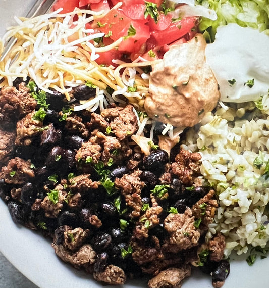 Ground beef burrito bowl with Mexi-ranch