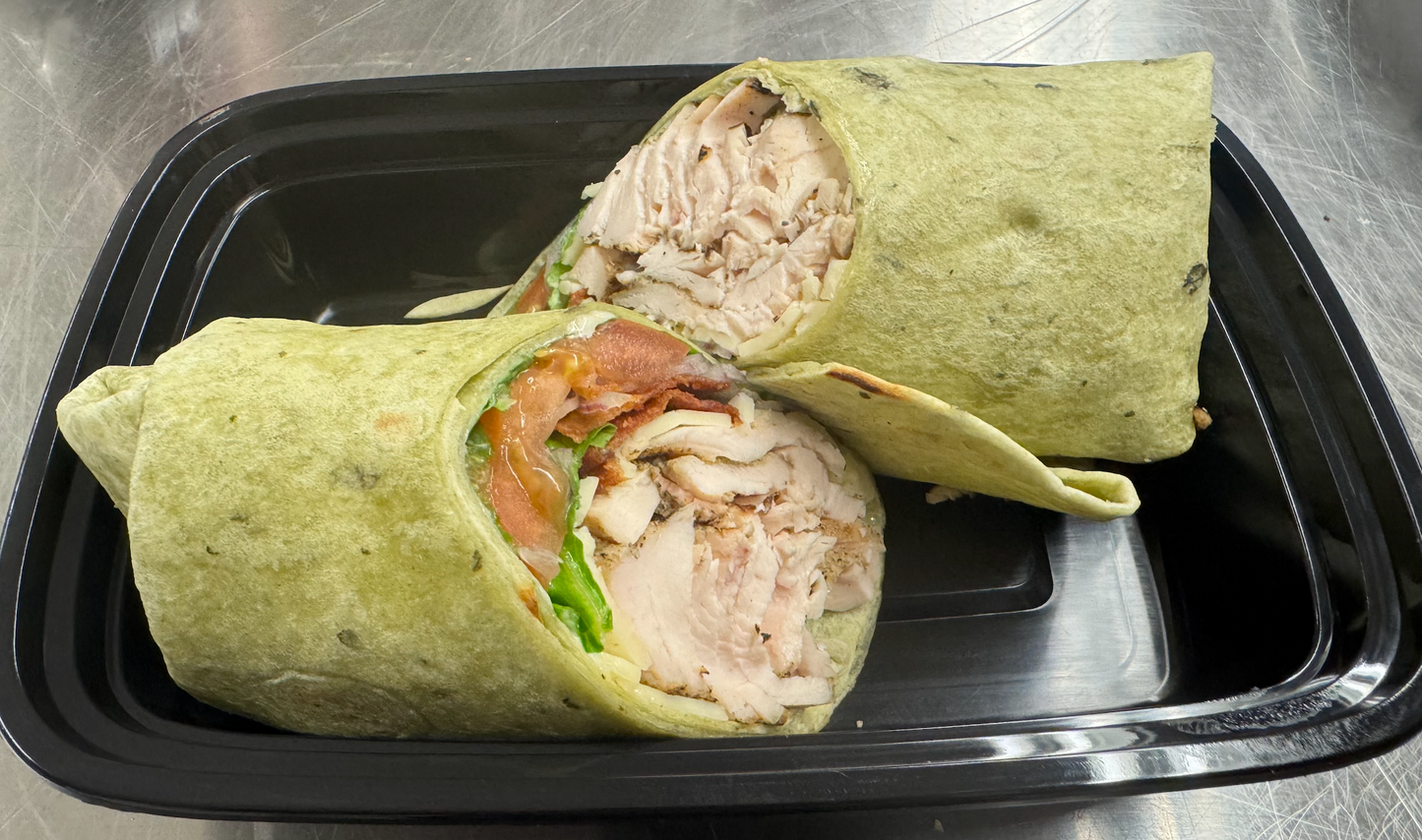 High protein turkey club wrap with rosemary garlic aioli