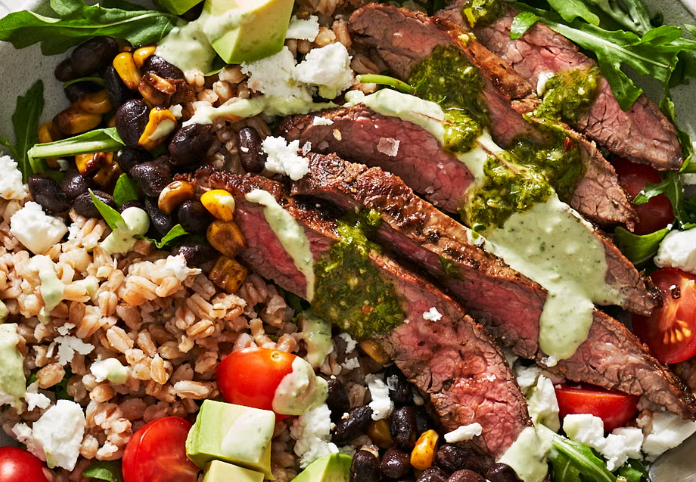Steak & grain bowl with jalapeno chimichurri dressing (Gluten-free)