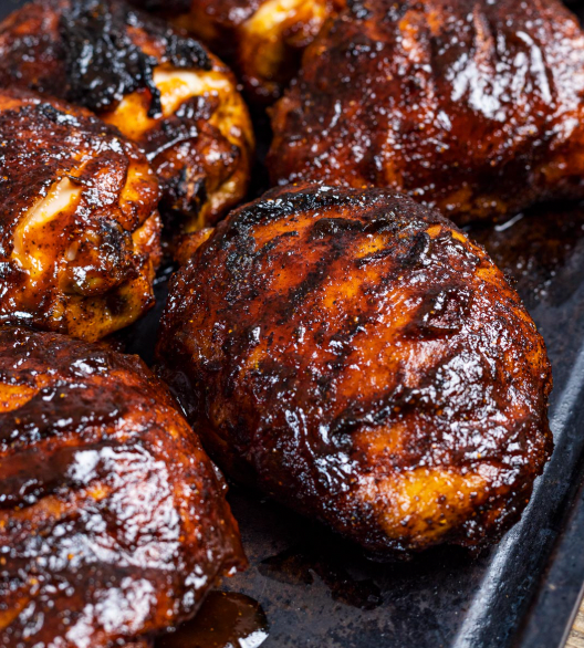 Bourbon glazed chicken with roasted potatoes & grilled summer vegetables (gluten-free)