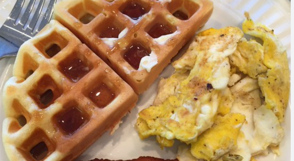 High protein Belgium waffle with scrambled eggs & grilled chicken sausage