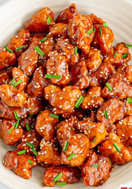 Japanese BBQ chicken bites over jasmine rice with garlic ginger brussels (Gluten-free)