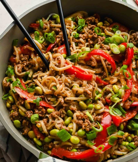 Korean beef stir fry over rice noodles (Gluten-free)