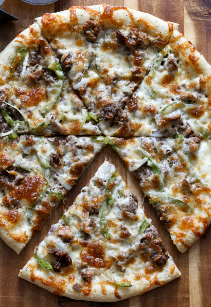 Philly cheesesteak thin crust pizza