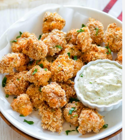 Gluten-free fried chicken poppers with side of house-made ranch (GF)