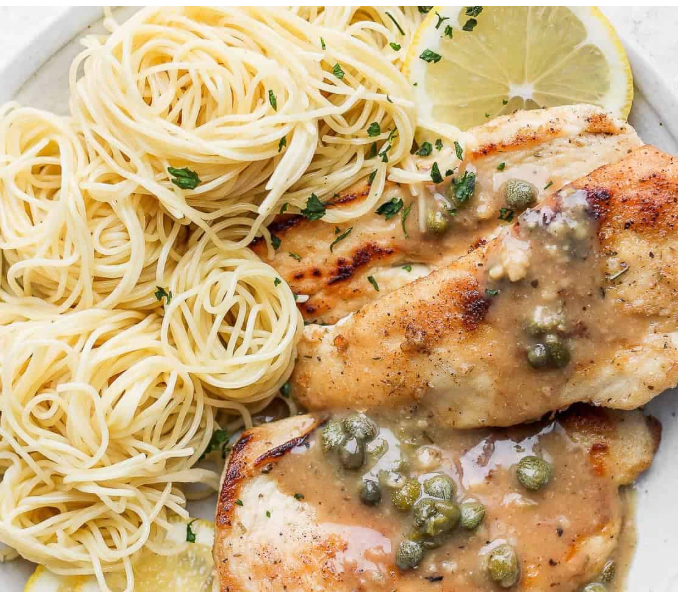 Grilled chicken tenders over Italian-imported spaghetti with white wine caper sauce (NEW)