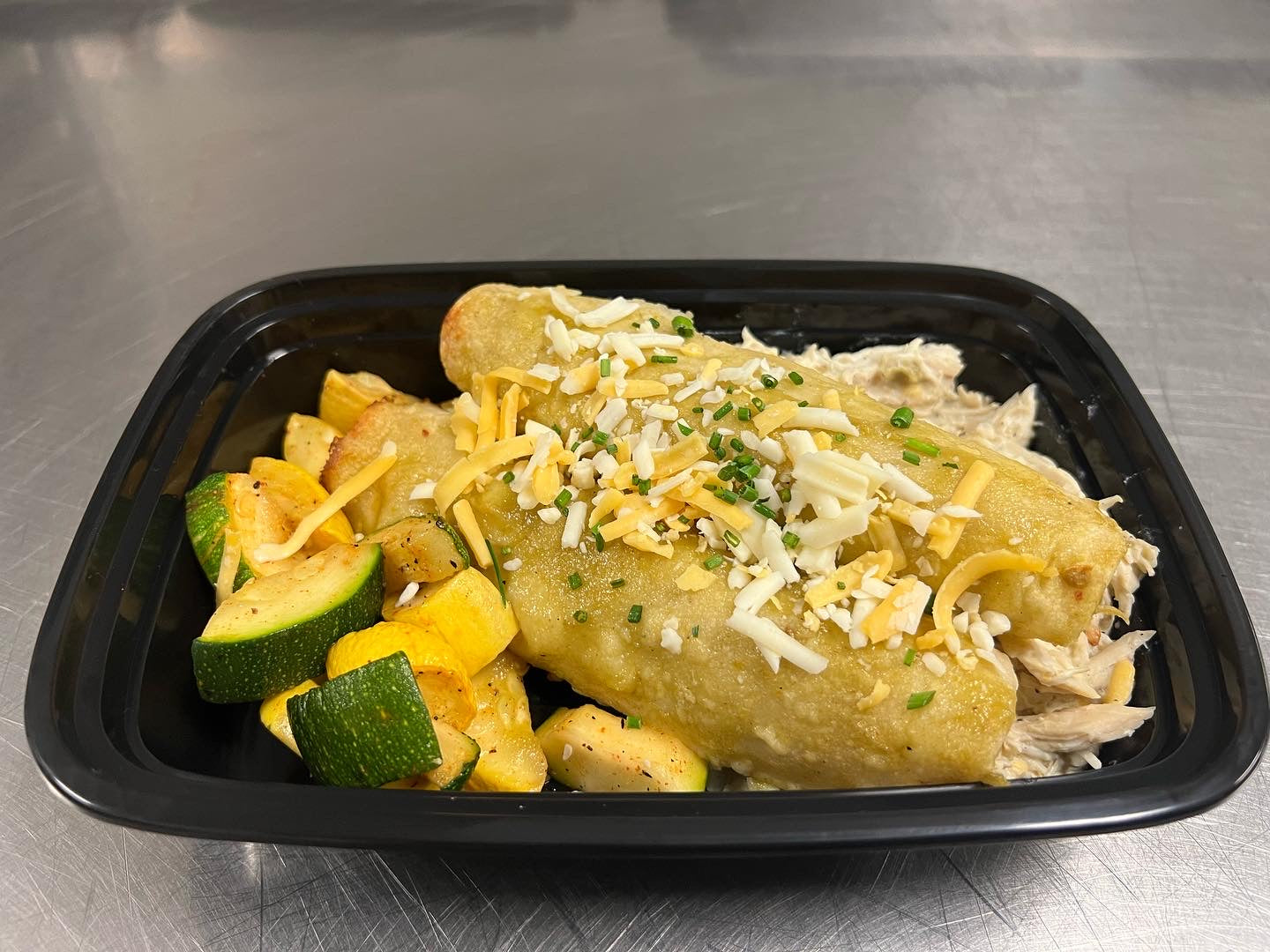 Shredded green chile enchiladas with roasted vegetables (Gluten-free)