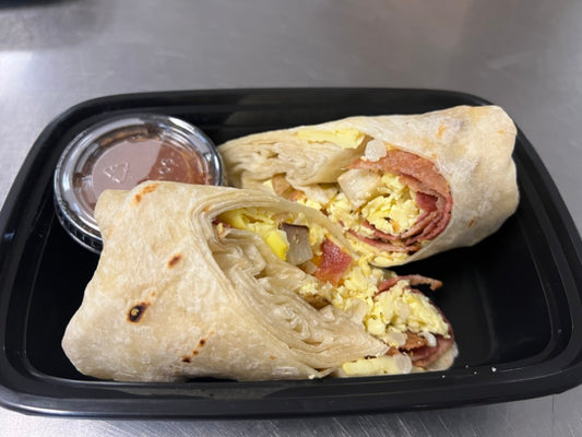 Turkey bacon breakfast burrito with scratch-made salsa