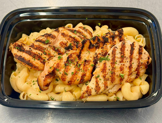 High protein mac-n-cheese with buffalo grilled chicken tenders
