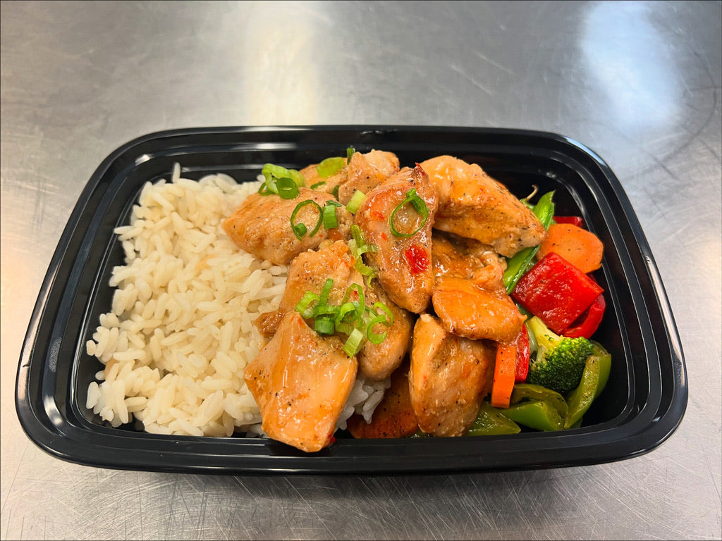 Orange chicken with steamed rice & stir fry vegetables (Gluten-Free)