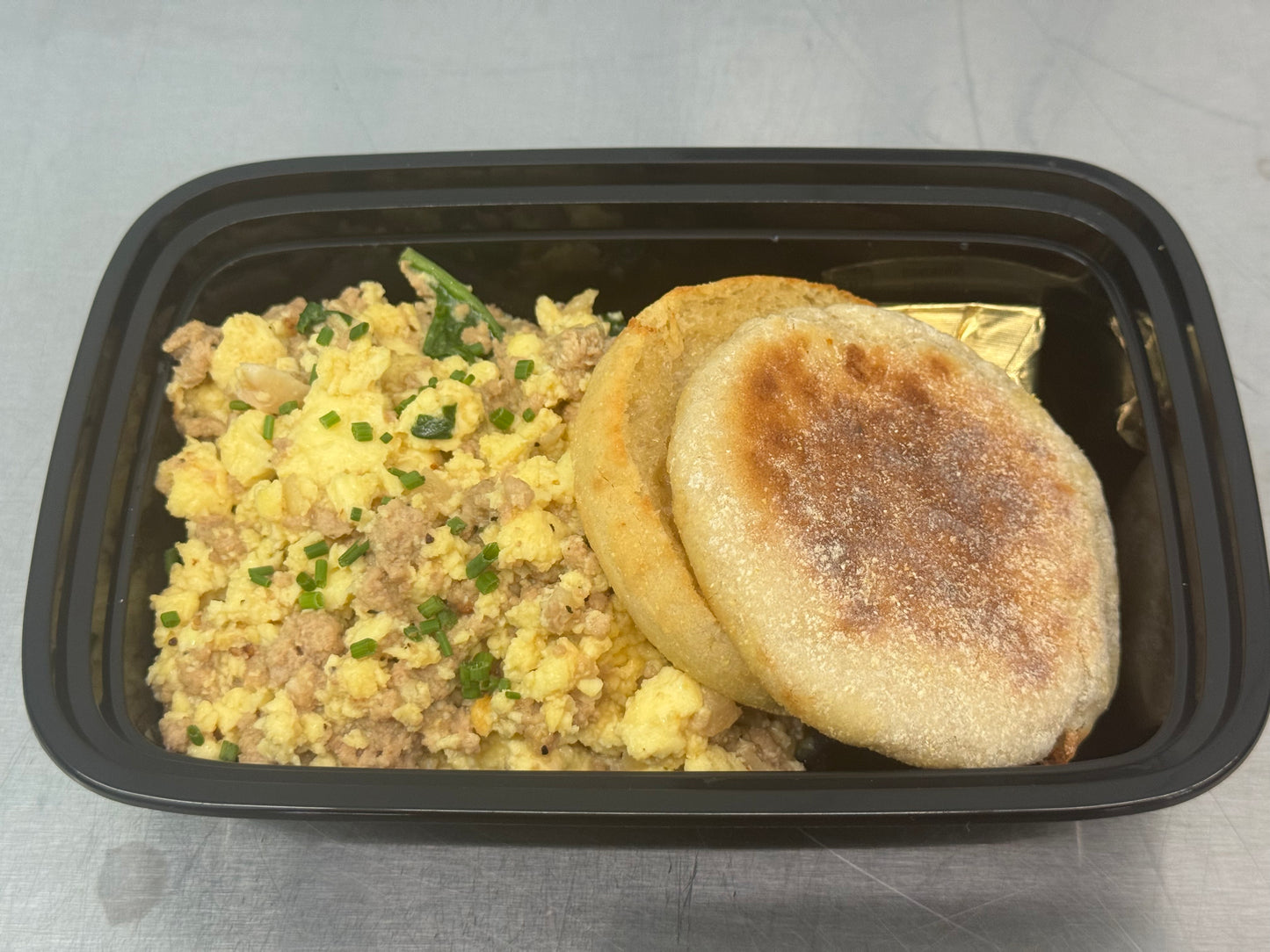 High protein breakfast scramble with toasted English muffin