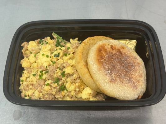 High protein breakfast scramble with toasted English muffin