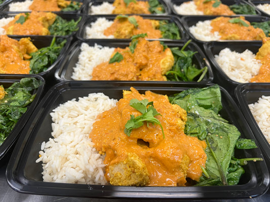 Chicken tikka masala over rice with garlicy sauteed spinach (Gluten-free)
