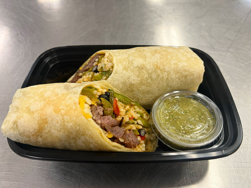 Steak fajita burrito with scratch-made avocado salsa