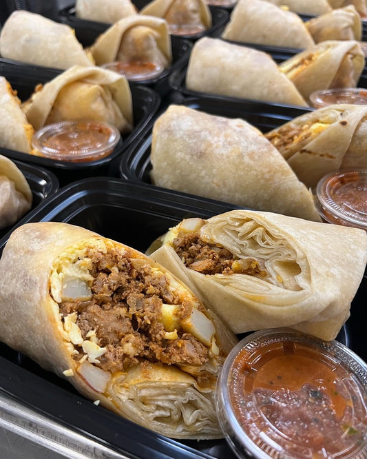 Ground turkey chorizo breakfast burrito with scratch-made salsa