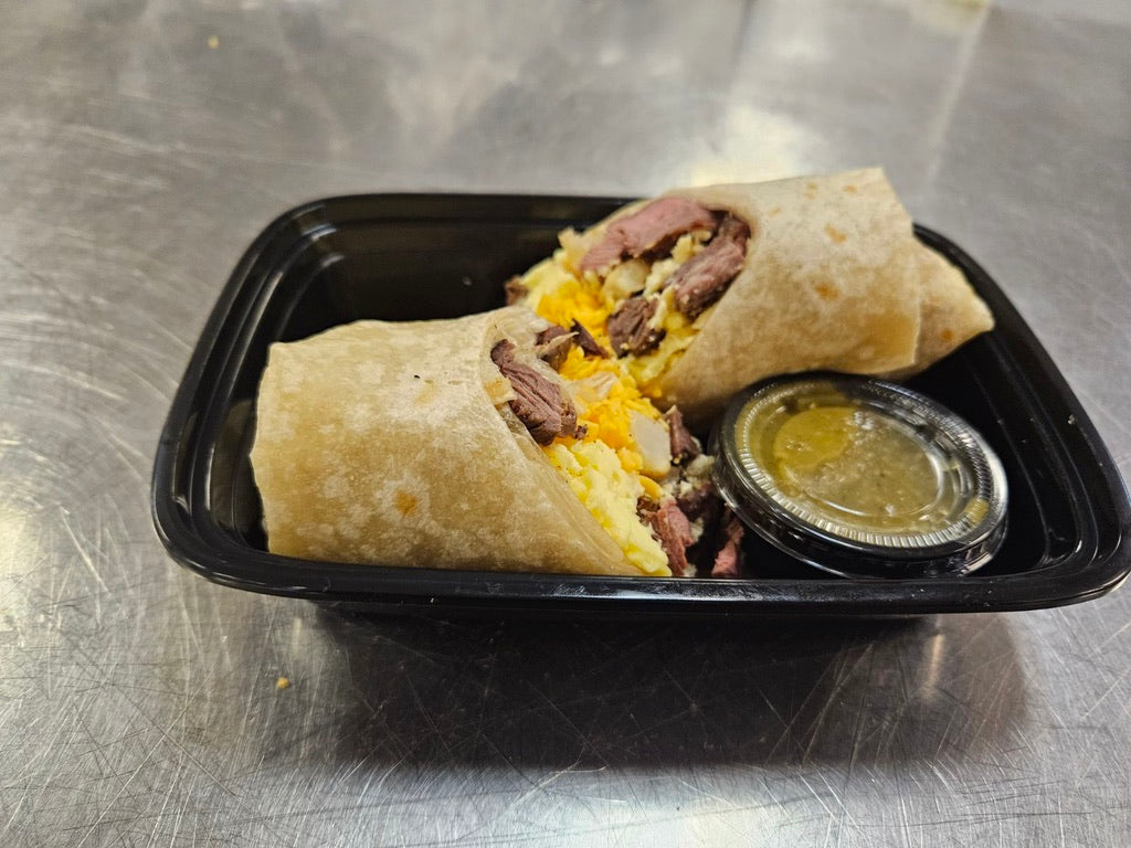Steak & egg breakfast burrito with scratch-made salsa