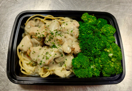 Chicken piccata over spaghetti with steamed broccoli