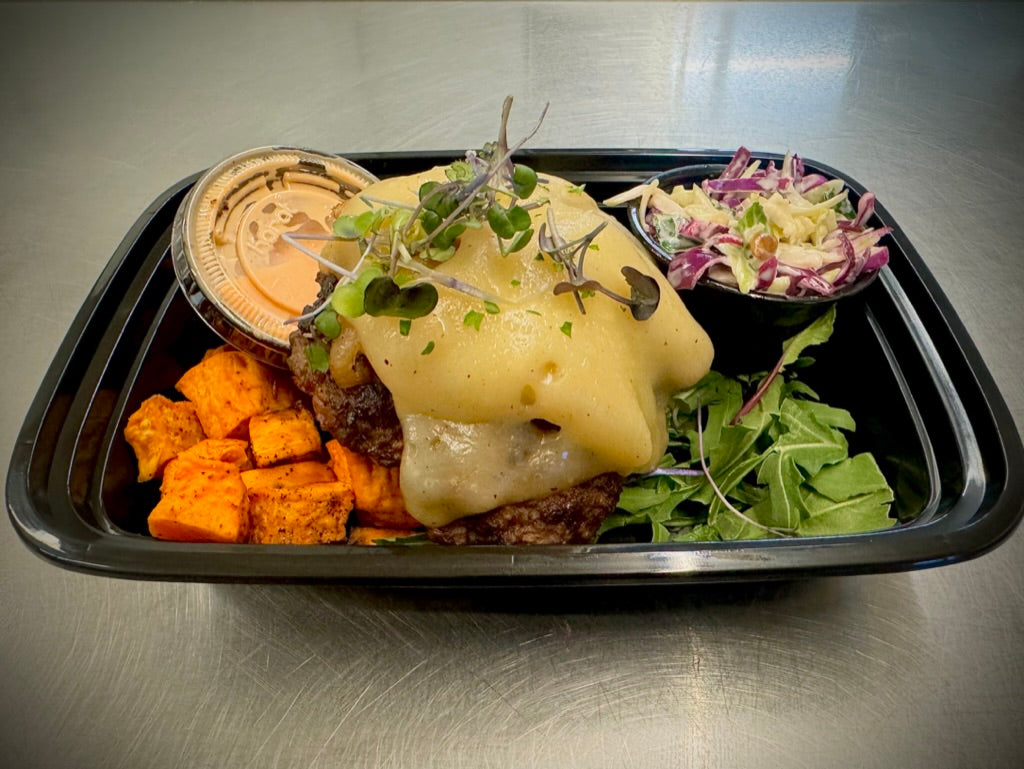 "Guiltless" patty melt with roasted sweet potatoes, broccoli slaw & side of fry sauce (Gluten-free)