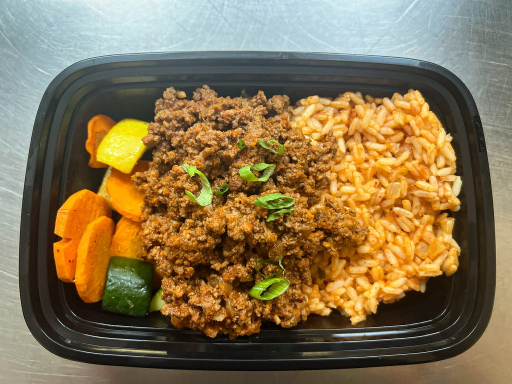 Enchilada ground beef with Spanish rice & chili-roasted vegetables