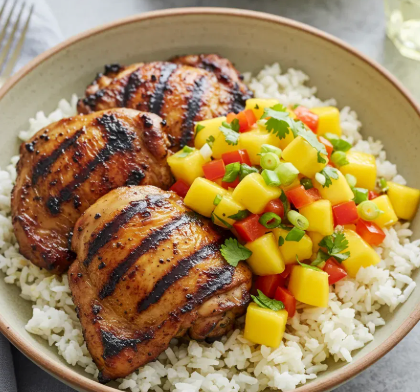 Jerk chicken over Caribbean rice with side of mango salsa (gluten-free)
