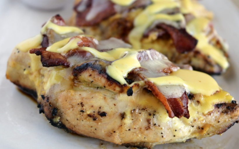 Bacon provolone grilled chicken with side of honey mustard, roasted potatoes & asparagus