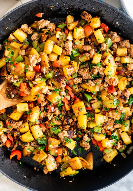High protein breakfast hash with cheesy scrambled eggs (Gluten-free)