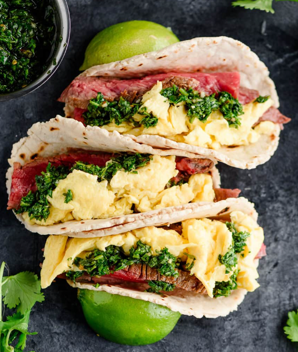 Steak & egg breakfast tacos with house-made chimichurri