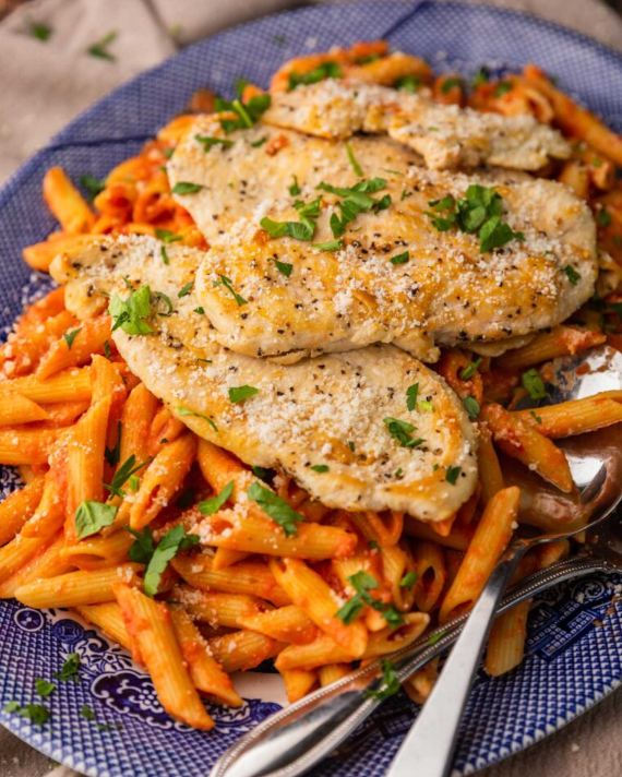 High protein penne alla vodka with grilled chicken tenders