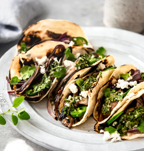 Steak chimichurri tacos with seasoned black beans (NEW)
