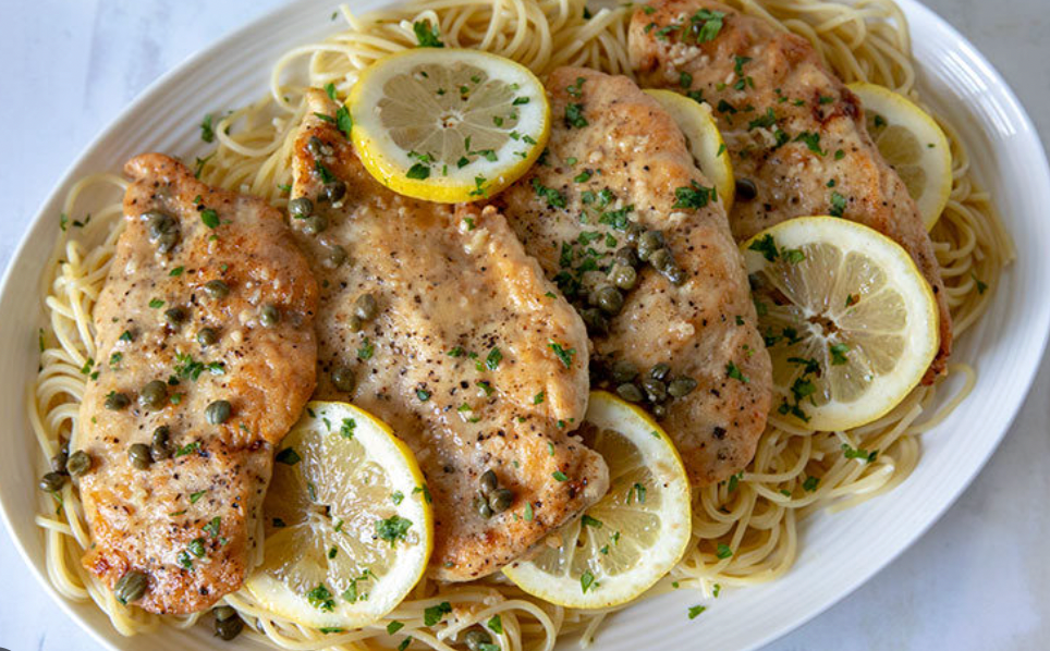 Seared chicken tenders over Italian-imported spaghett with lemon butter white wine caper sauce