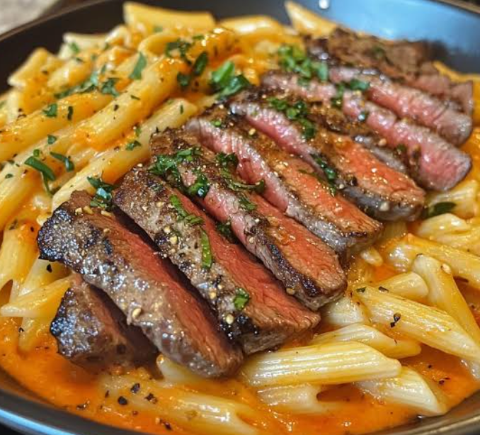 House-made roasted red pepper pesto over Italian pasta with grilled sirloin
